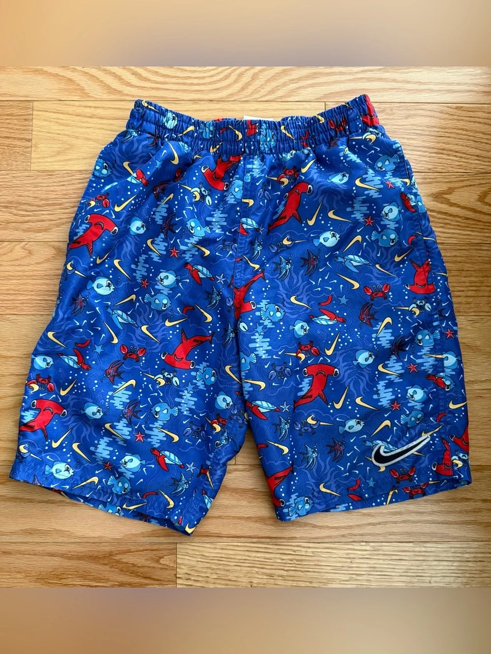 Nike fish crab swoosh blue colorful logo swim trunks YL